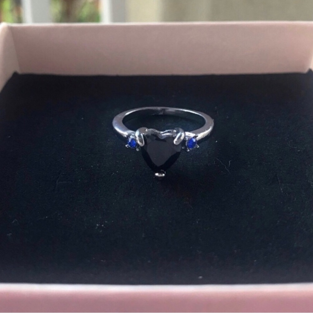 Heart Cut Black Stone Ring with Blue Accent Stones - Women's Jewelry